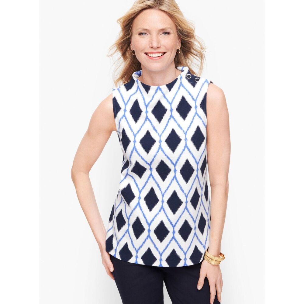 TALBOTS High Neck Button Shoulder Shell, Diamond Print, Sz MP